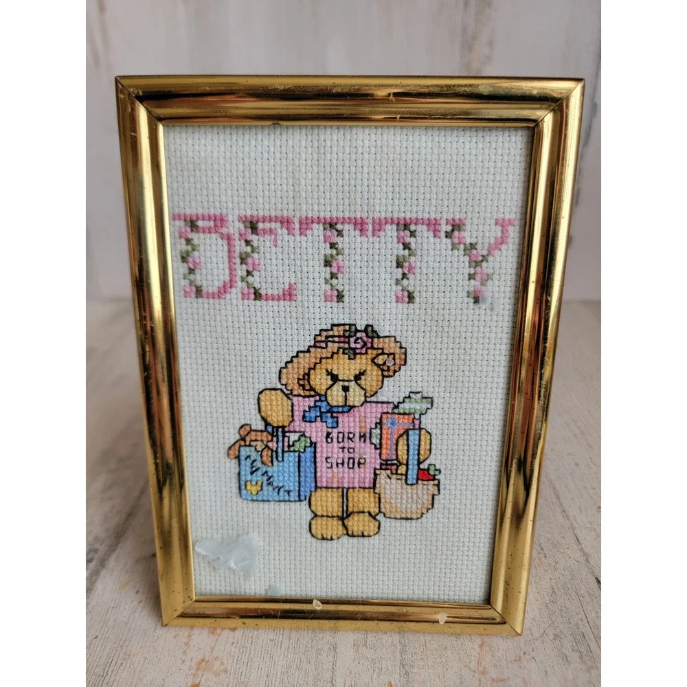 Cross stitch vintage 7x5 teddy bear Betty name Hanging‎ home decor
